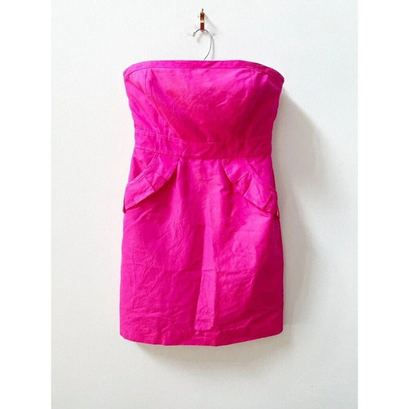 J. Crew Bright Pink Silk Cocktail Mini Dress Women's Sz 8 Barbie Pockets Ruffles - Picture 3 of 16